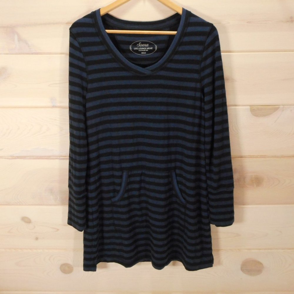 Soma Lounge Womens Sz M Tunic Shirt Front Pocket Striped Stretch